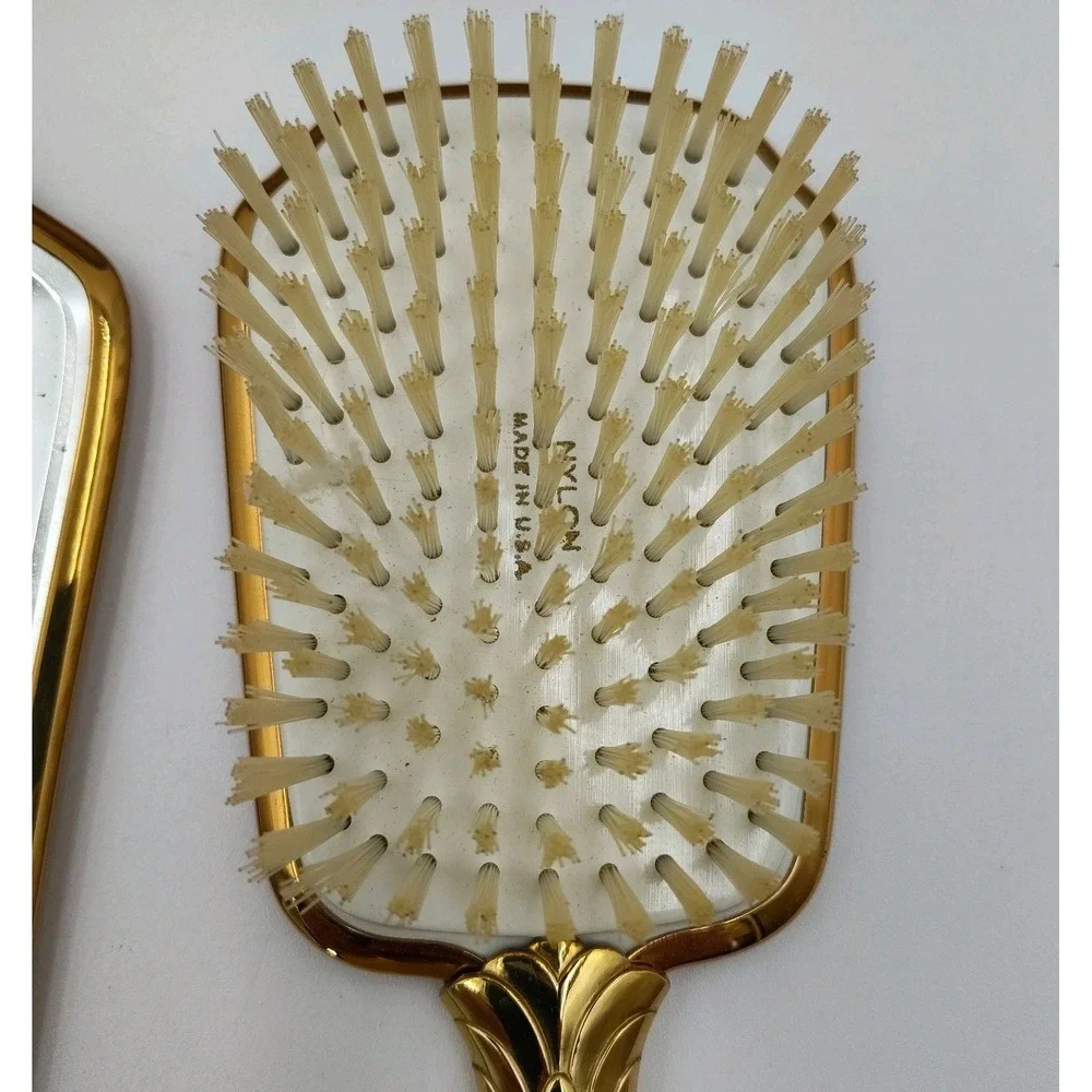 VTG Mirror Hairbrush Comb Handler FLORAL DESIGN Vanity Antq Goldtoned B507SA3572